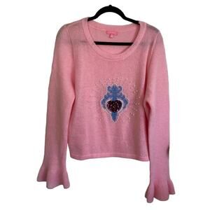 Sugar Thrillz Dolls Kill Pink Flared Sleeve Sweater Pearls Heart Sequins Size 2X
